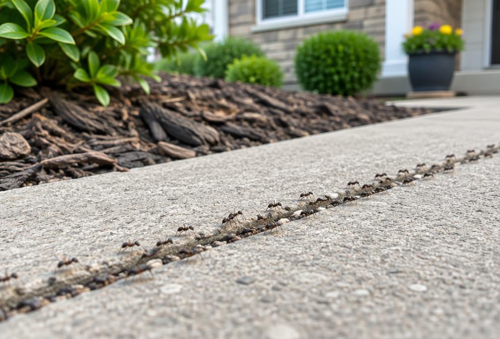 A trail of pavement ants moving through a sidewalk crack beside an Ohio home