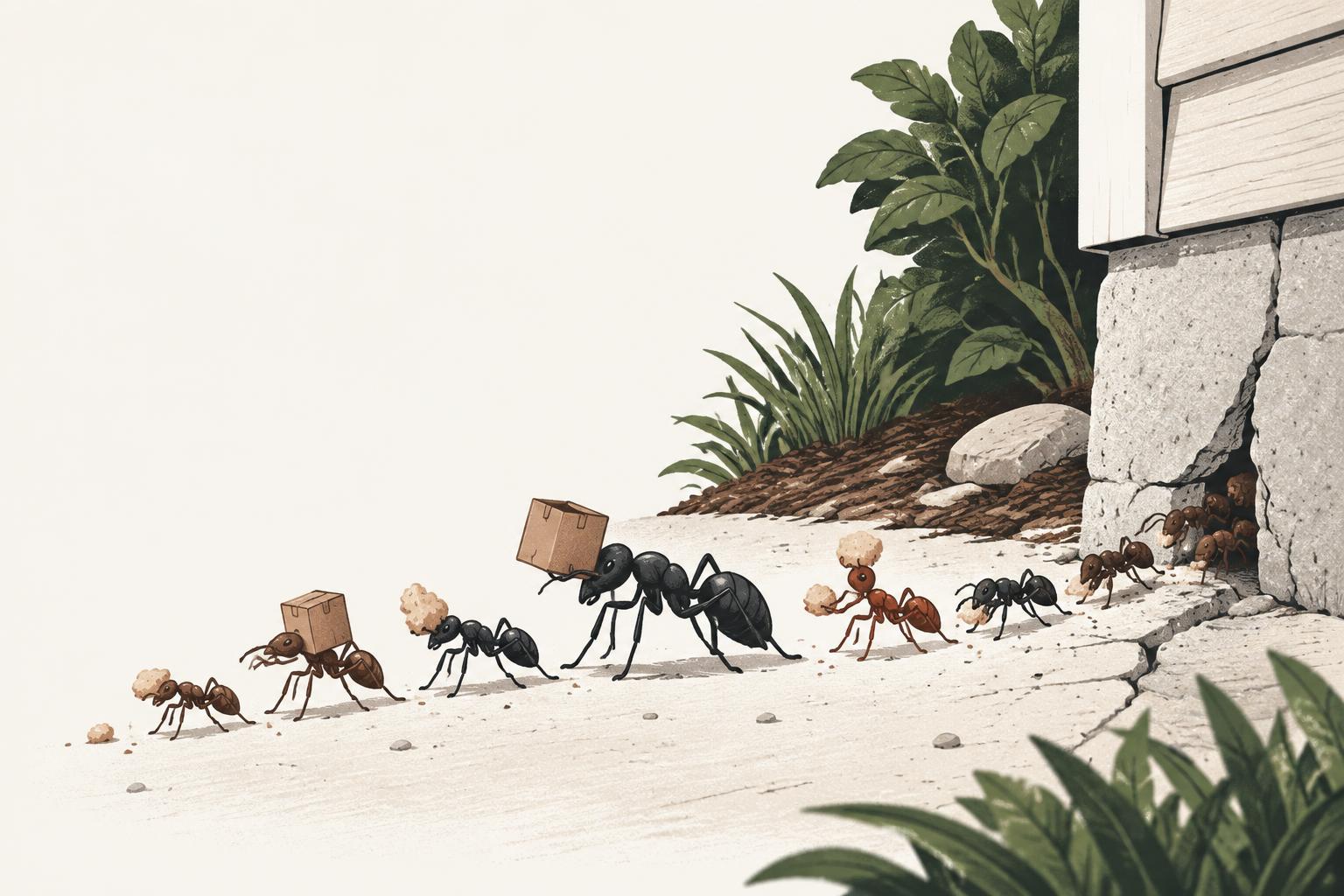 Different Ohio ant species carrying crumbs away from a home's foundation