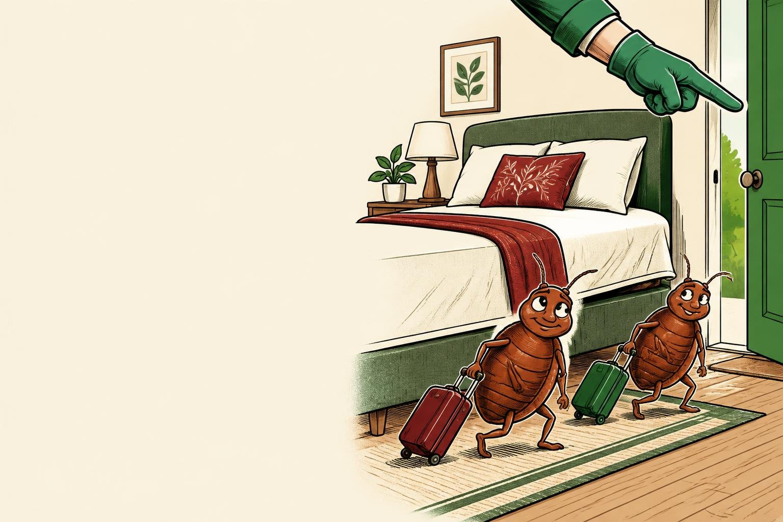 Cartoon bed bugs carrying suitcases out of a clean bedroom