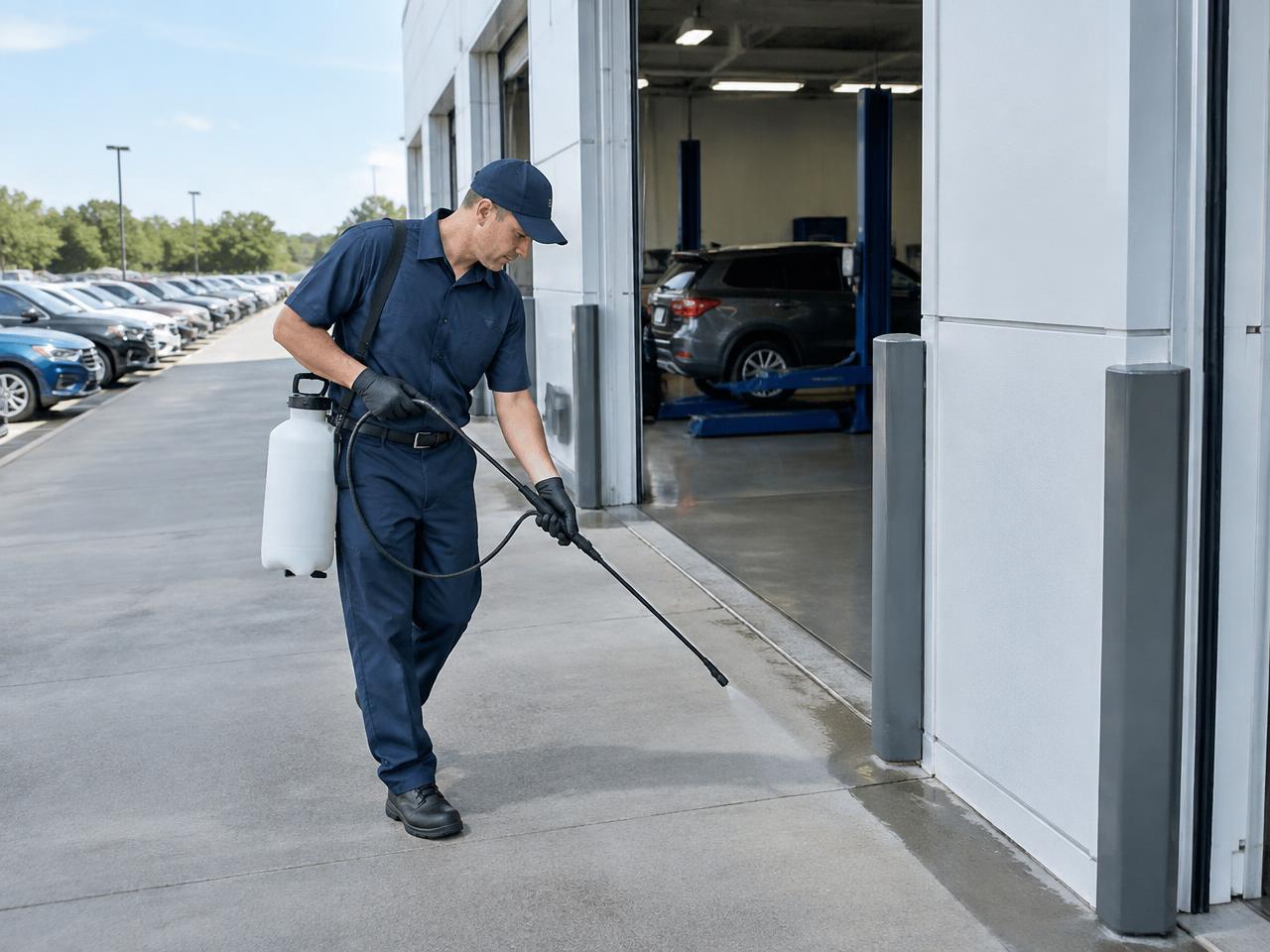 Technician spraying a perimeter barrier beside open car dealership service bay doors