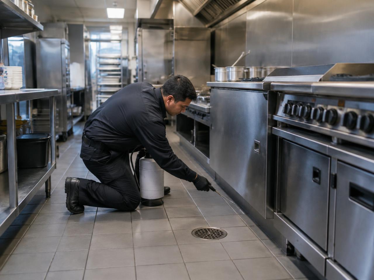 Technician treating along the floor drain and equipment line of a commercial restaurant kitchen