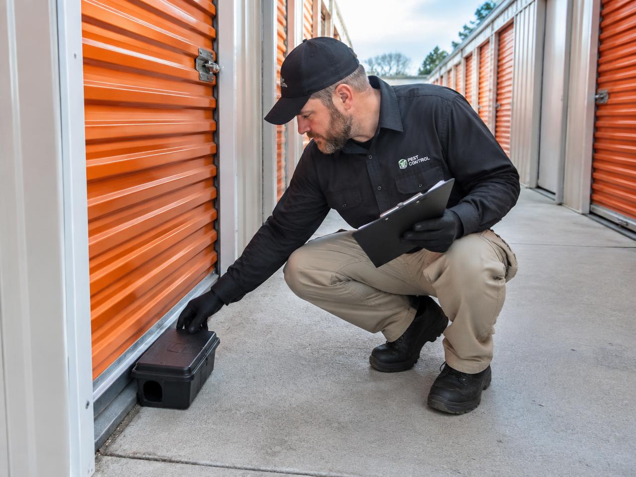 Technician checking a tamper-resistant rodent bait station along a self-storage corridor