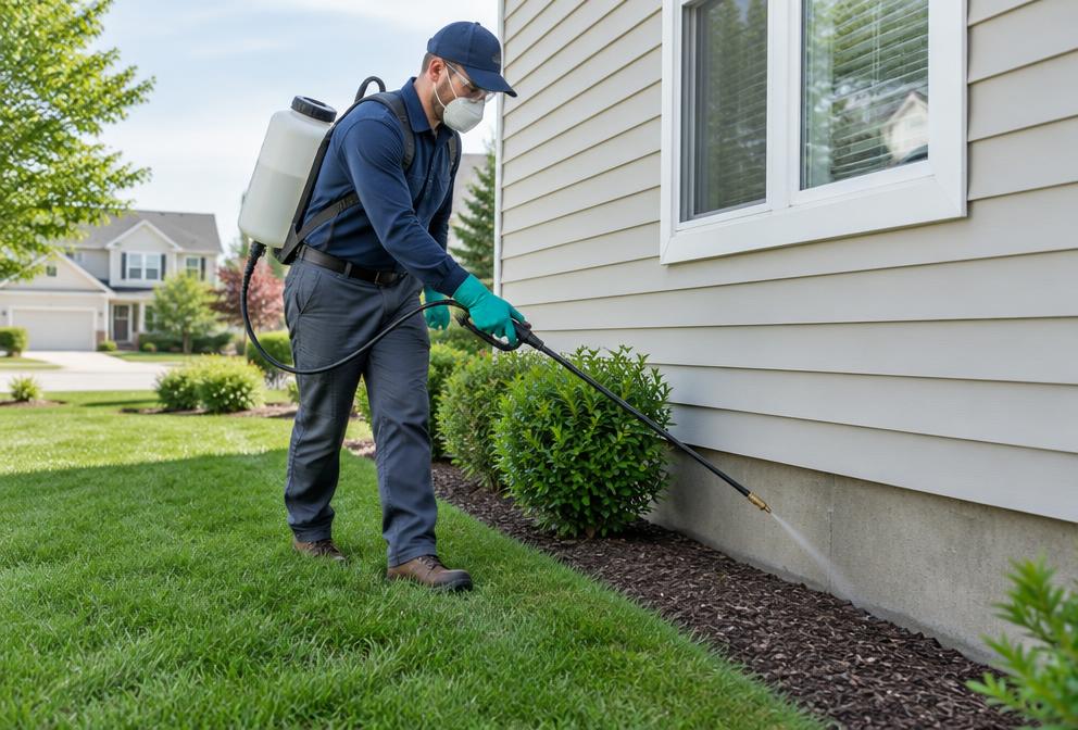 A&J technician power spraying a protective barrier along a home's foundation and landscape beds