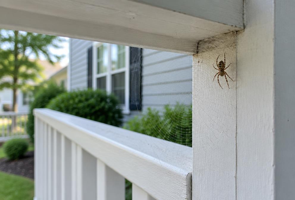 A spider with its web tucked into the corner of a white porch railing