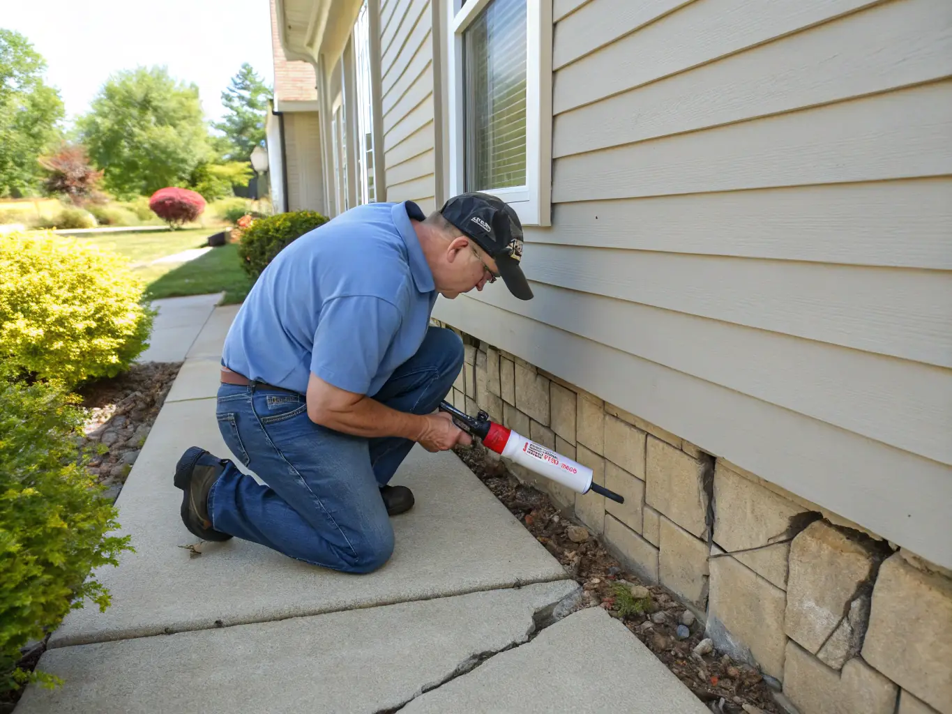 A homeowner sealing cracks and crevices in their home's foundation to prevent pests from entering.