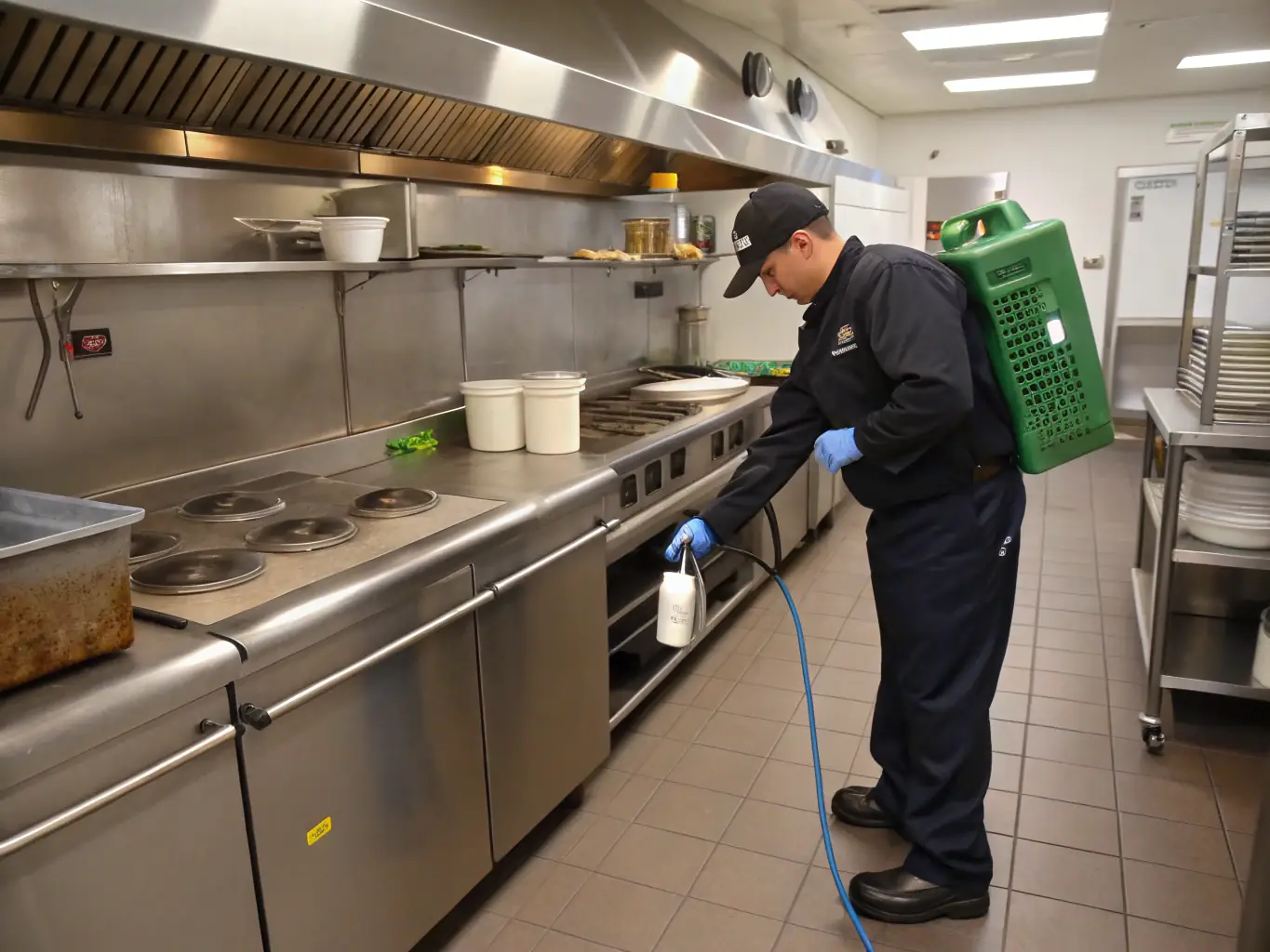 A technician spraying a commercial kitchen with pest control solutions, ensuring food safety and hygiene standards are met.