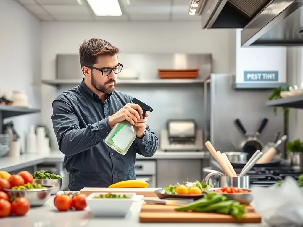 A technician spraying a commercial kitchen with eco-friendly pest control solution, focusing on cockroach control in a restaurant setting.