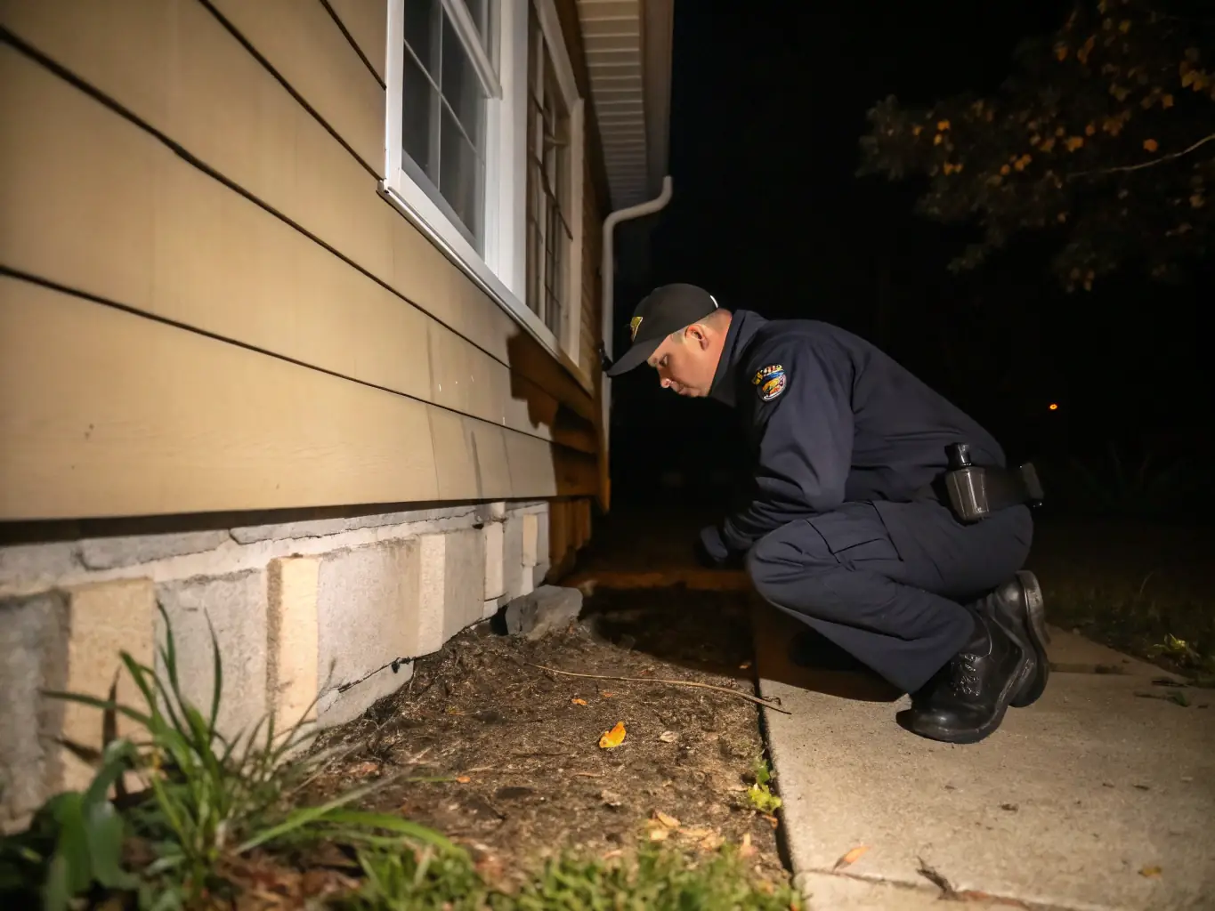 A professional pest control technician inspecting a home's foundation for termite damage, using a flashlight and wearing protective gear.